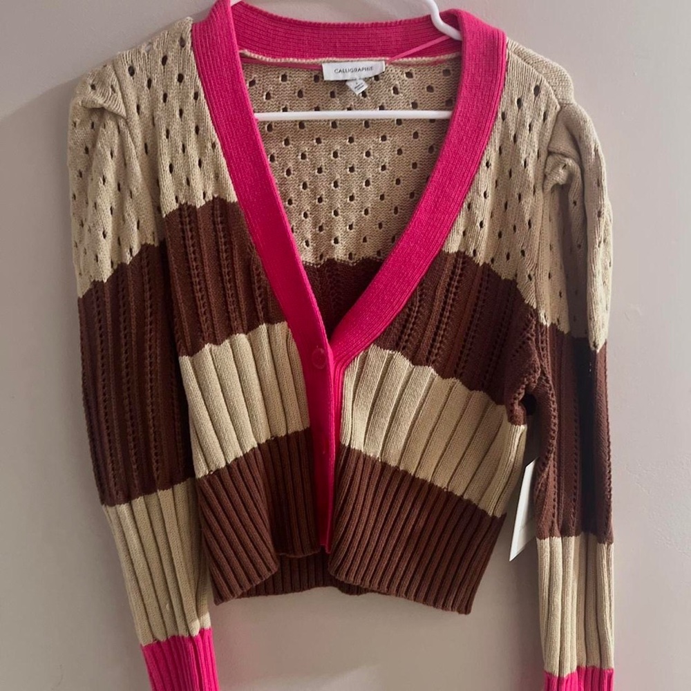 womens brown and pink cropped cardigan